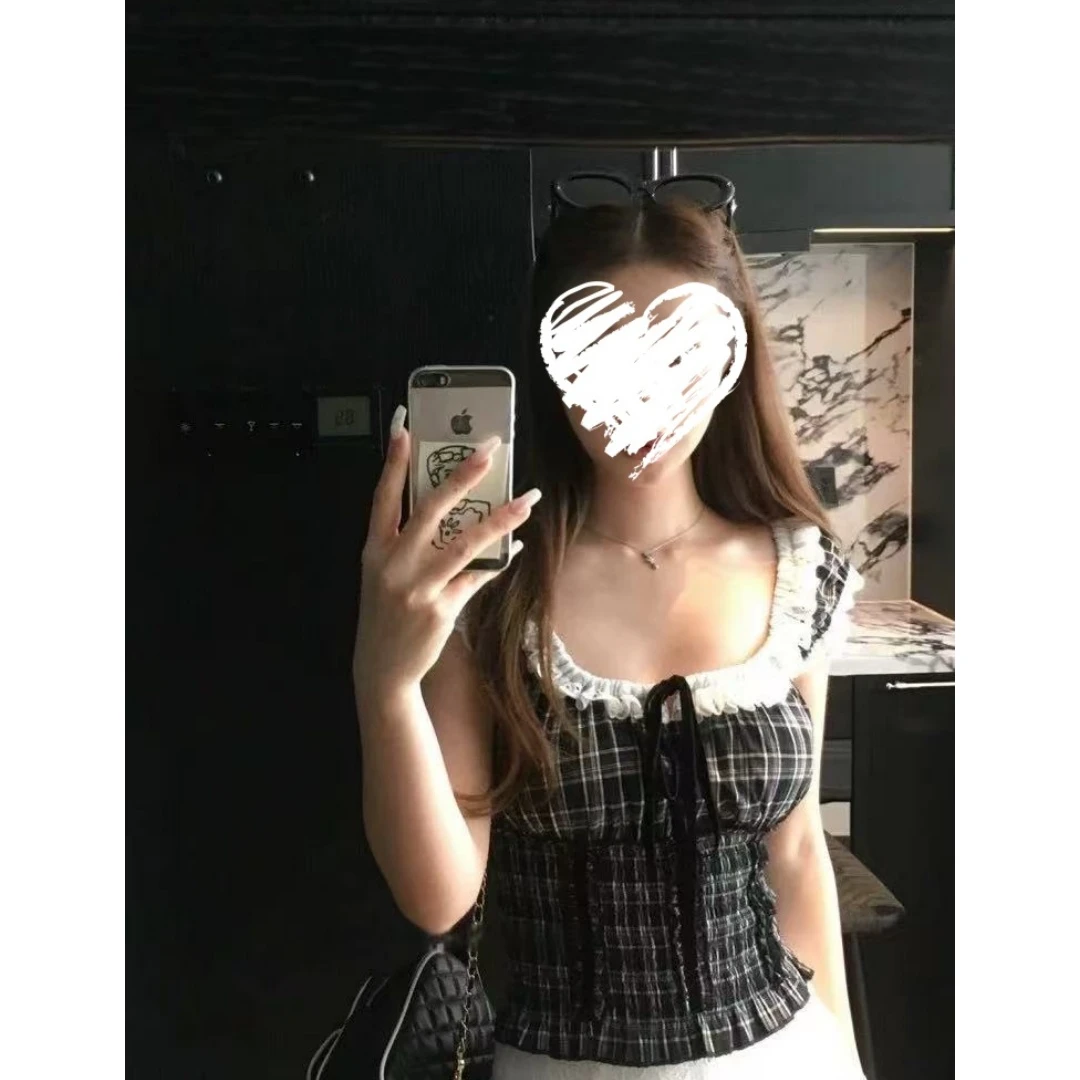 法式格子纯欲气质修身小个子短款套头上衣   80633