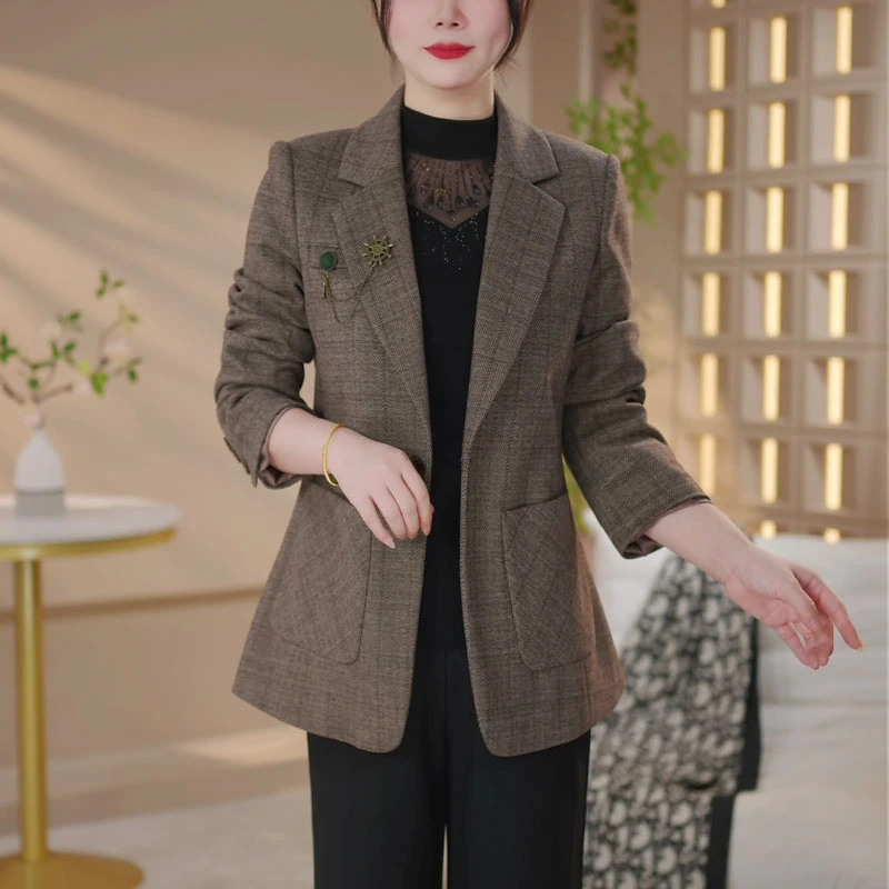 格子西装外套女2025年新款春秋爆款气质妈妈高端品牌休闲西服上衣