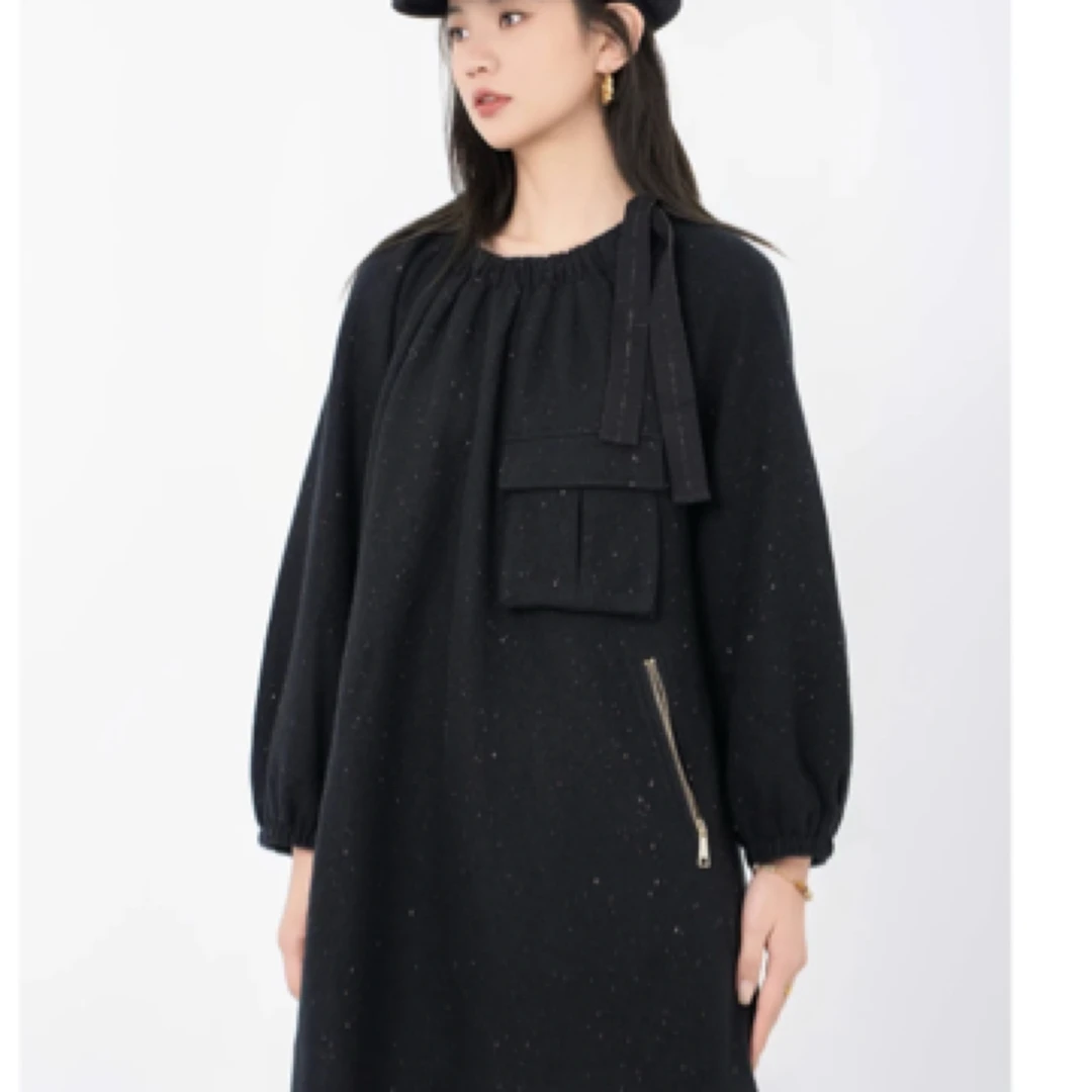 北京阿玛施 5500552 设计师代表作减龄羊毛混纺双口袋连衣裙