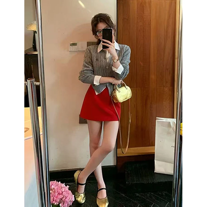 Moses Queen/魔西女王本命年穿搭秋冬红色毛呢短裙高腰a字包臀裙