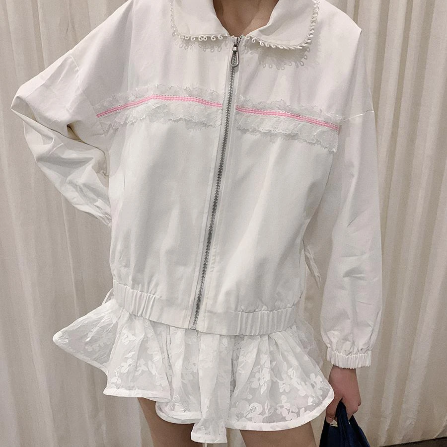 Morn isle*白露未晞系列复古运动少女感粉色格子蕾丝拼接廓形外套