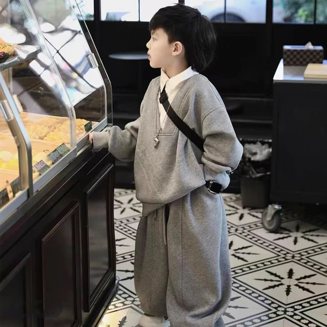 男童秋冬款卫衣两件套儿童假两件衬衫领洋气韩版酷帅时髦运动套装