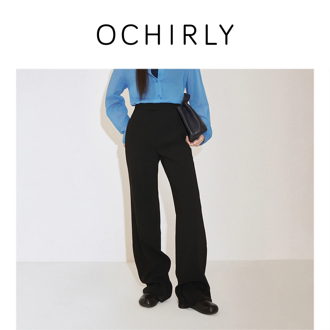 ochirly仿醋酸微喇长裤阔腿垂感显瘦新品休闲裤高腰时尚黑色宽松
