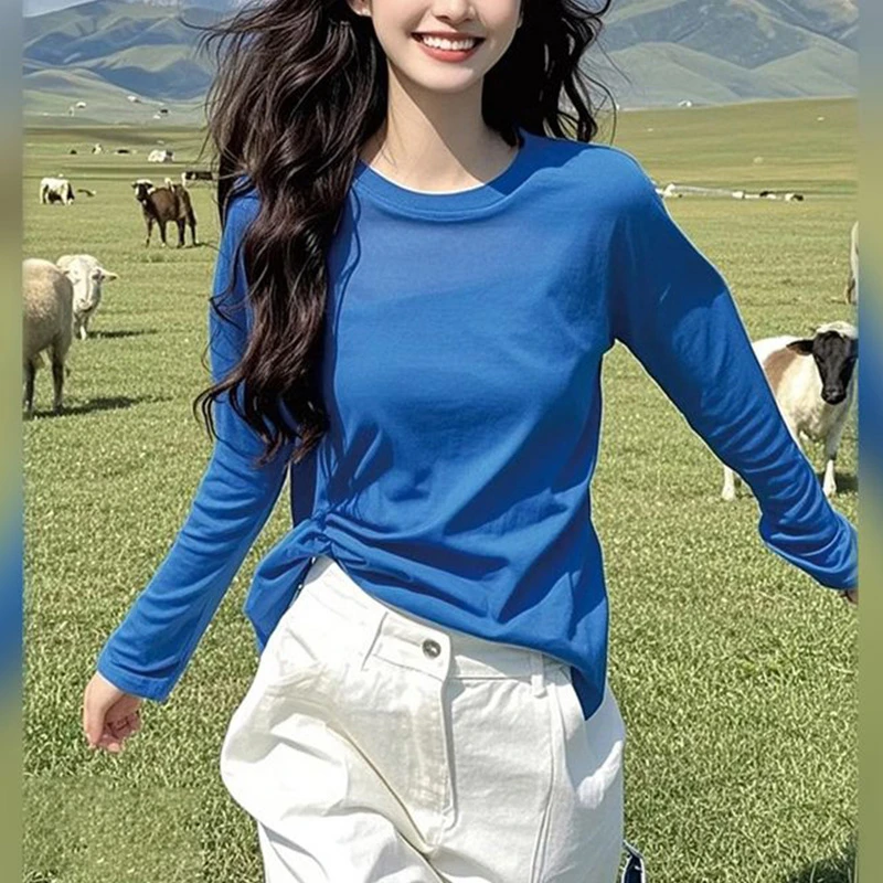 别致圆领克莱因蓝纯色简约T恤女2025春季新款长袖时髦洋气上衣潮