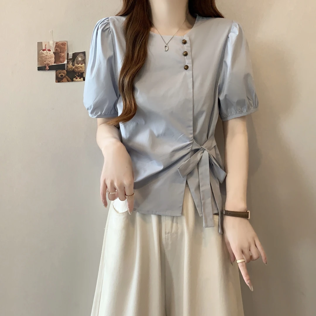 大码胖mm2025夏季新款系带收腰泡泡袖衬衫女显瘦遮肉百搭小众上衣