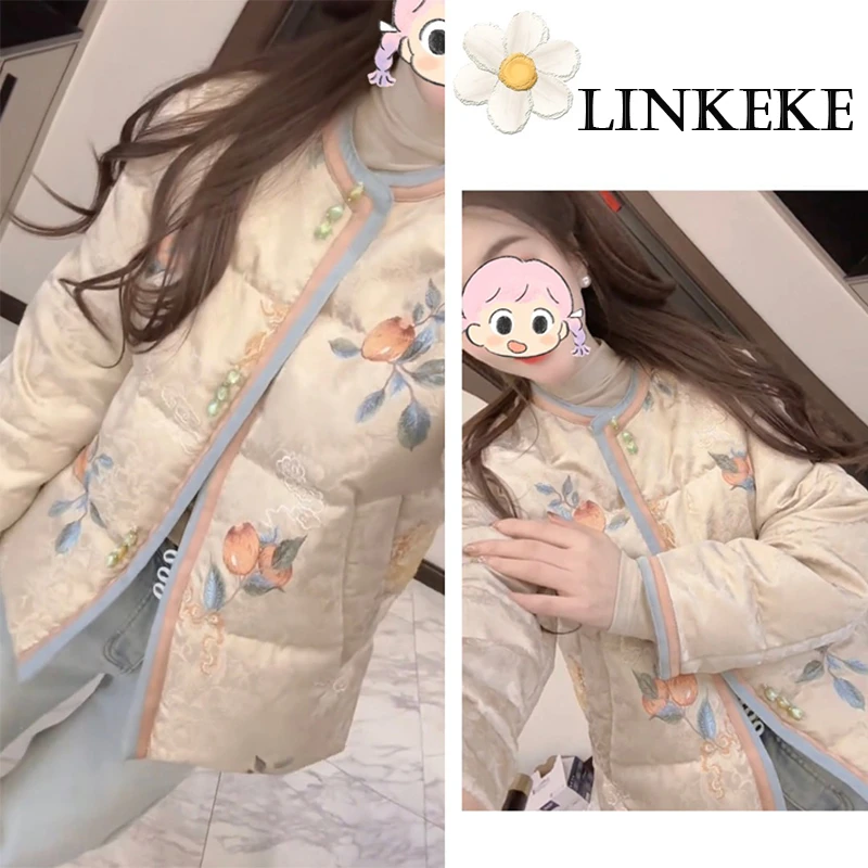 新中式国风冬季小个子提花棉服女大码宽松显瘦百搭复古夹棉保外套