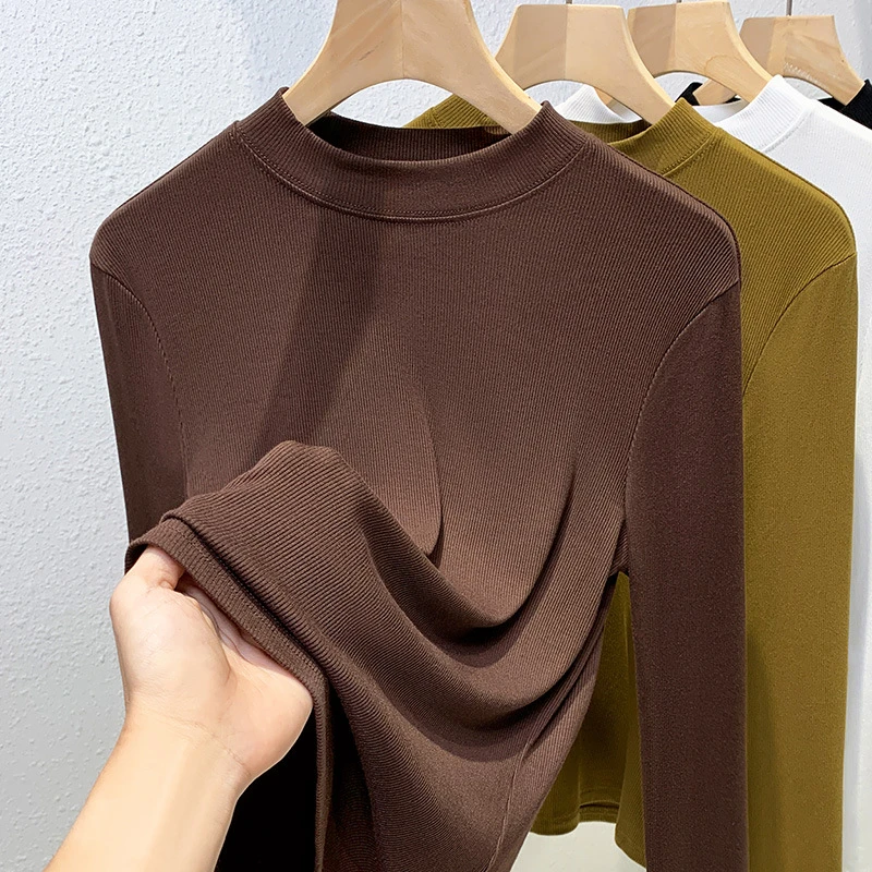 螺纹打底衫女2025新款欧货女装气质立领长袖t恤收腰内搭弹力上衣