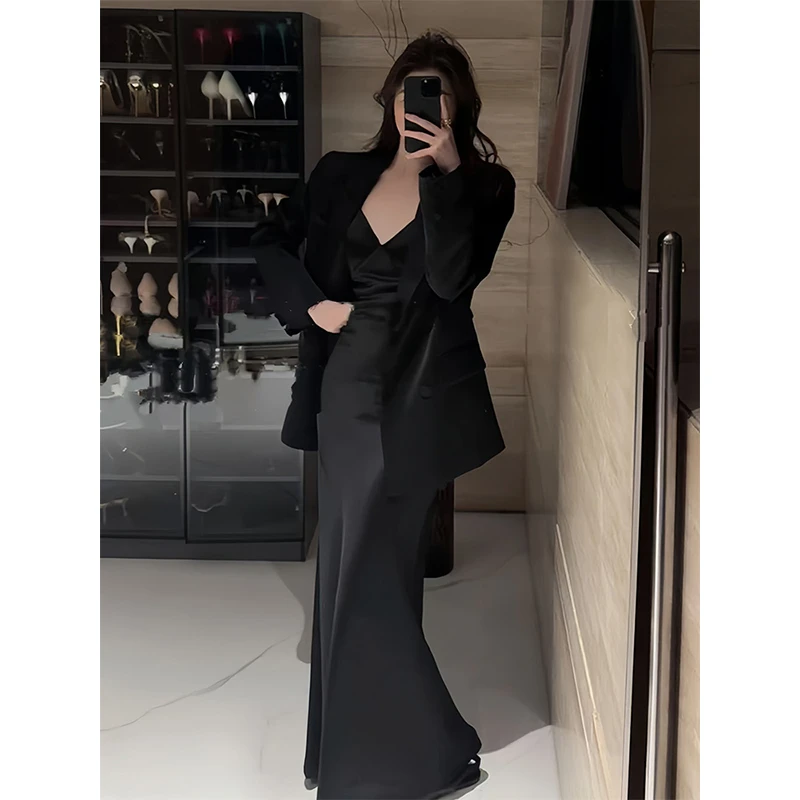 轻熟御姐风套装女春季气质百搭西装外套性感露背吊带连衣裙两件套