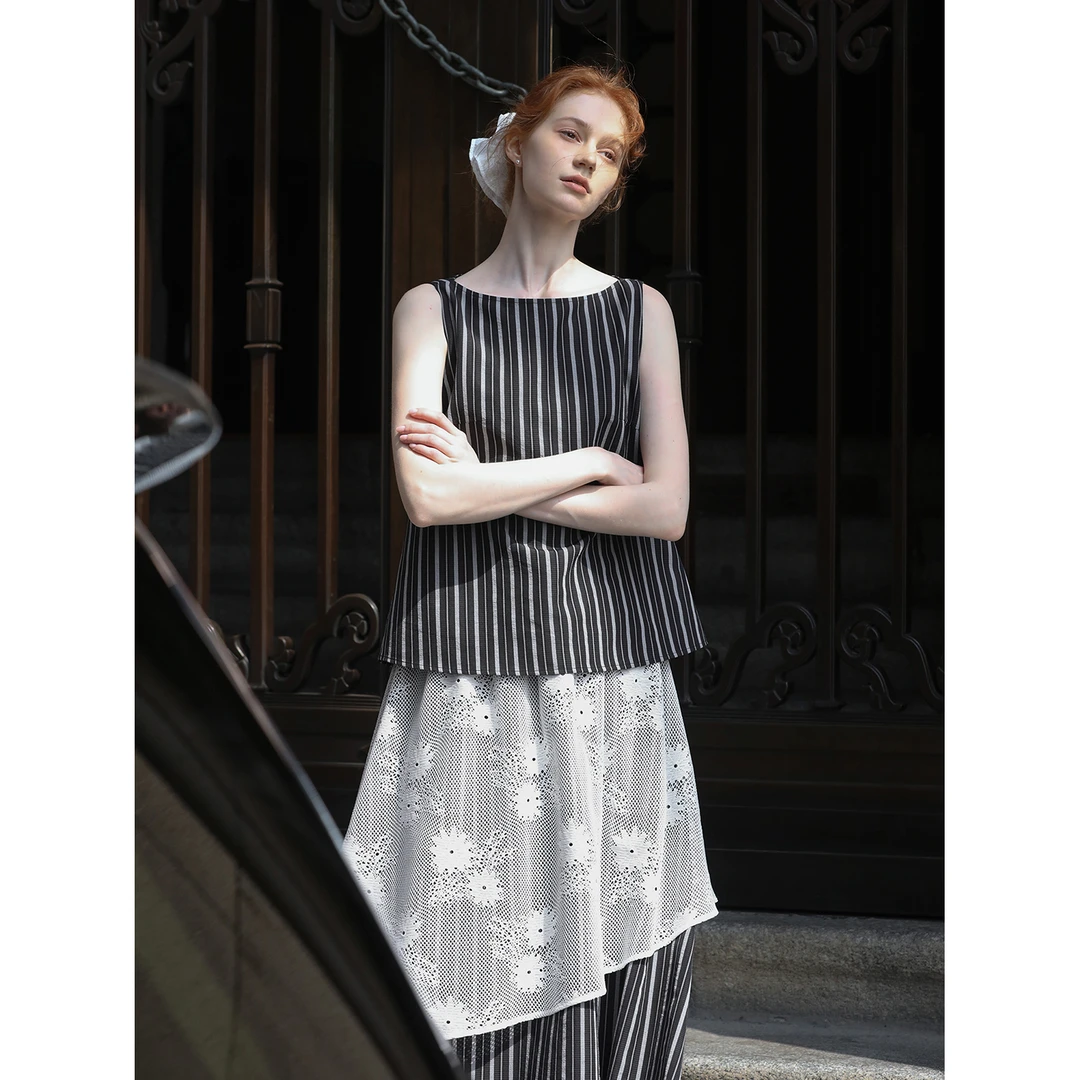 【直播间专属】MELLIIY一字领条纹小衫蕾丝拼接网纱裙套装639250195