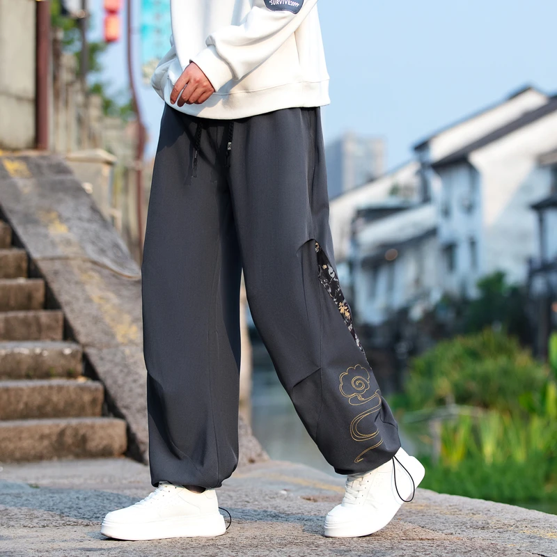 男款秋季休闲裤潮流休闲时尚百搭褶皱直筒裤男装垂感拼色长裤子男
