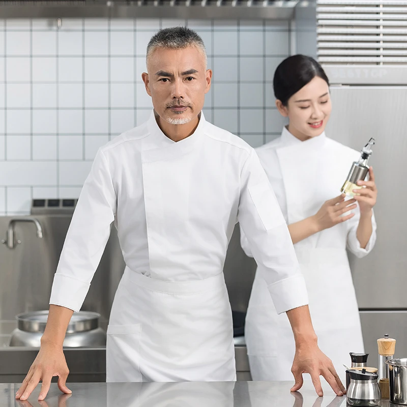 饭店厨师服长袖男餐饮高端酒店西餐厅后厨房员工秋冬工装斜领印字