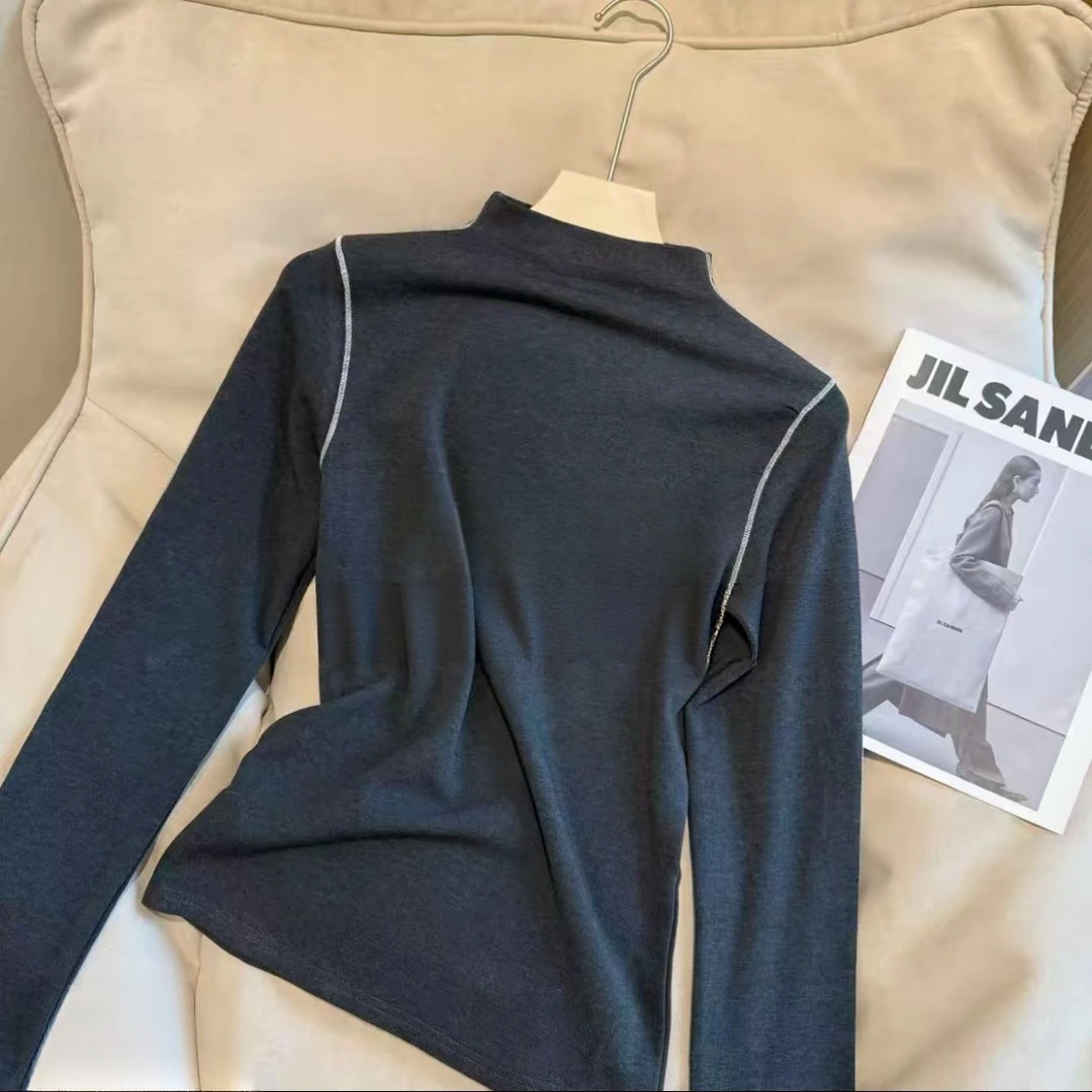 【露思同款】保暖磨毛立领长袖T恤女2025冬季新款时尚显瘦打底上衣