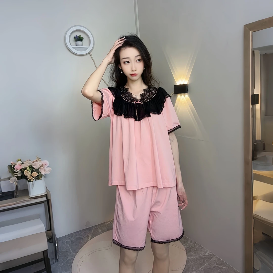 四季时尚法式性感居家服宽松内衣甜美宫廷风蕾丝睡衣短袖两件套装