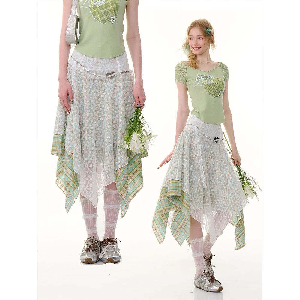 ziziFei夏季美式设计感蕾丝拼接不规则高腰绿色上衣格子半身裙女