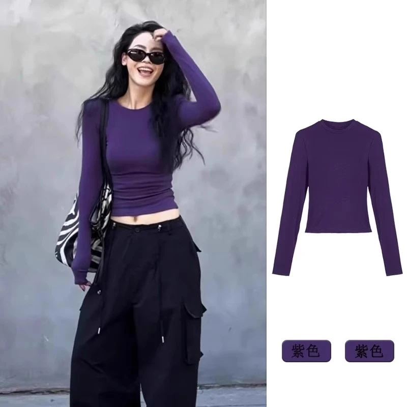 正肩圆领内搭打底衫女春季2025新款韩系穿搭辣妹修身长袖T恤上衣