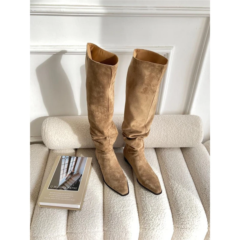 现货复古简约堆堆靴复古宽筒高筒靴平底大筒围显瘦长筒靴女靴