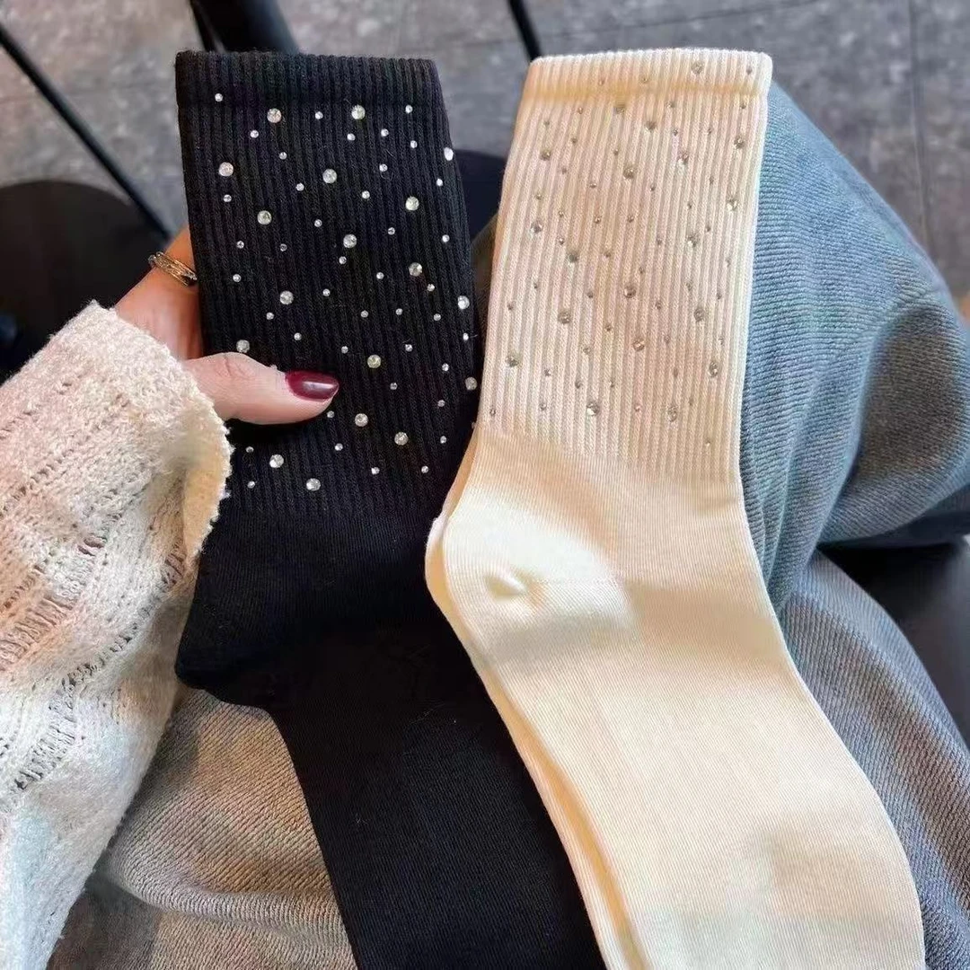冬季中筒纯色长筒袜烫钻女中筒袜透气拼接春季常规款