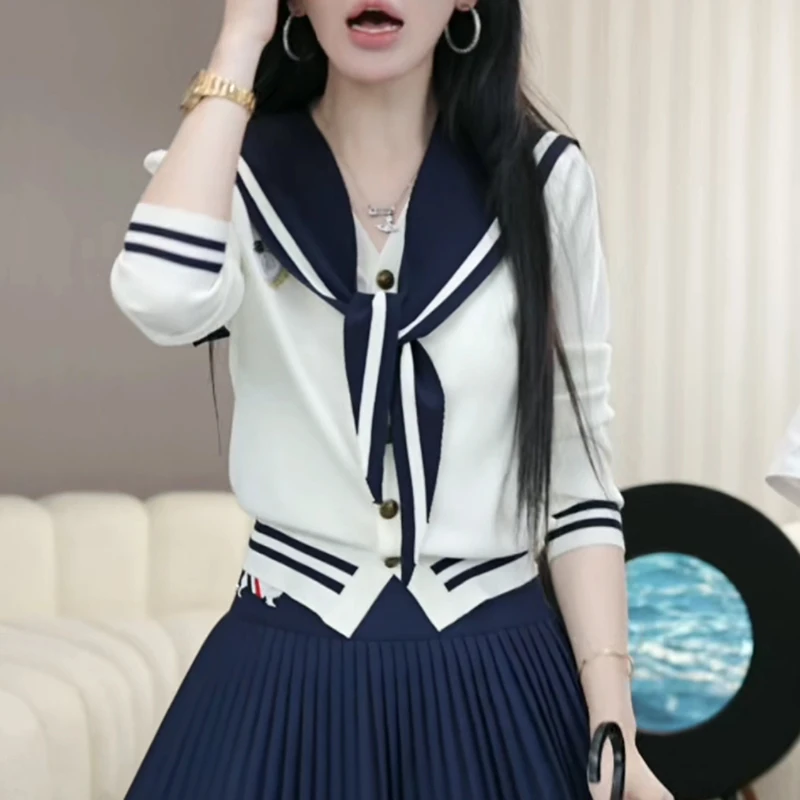学院风条纹收腰针织衫女2025秋季新款海军领绑带撞色休闲简约上衣