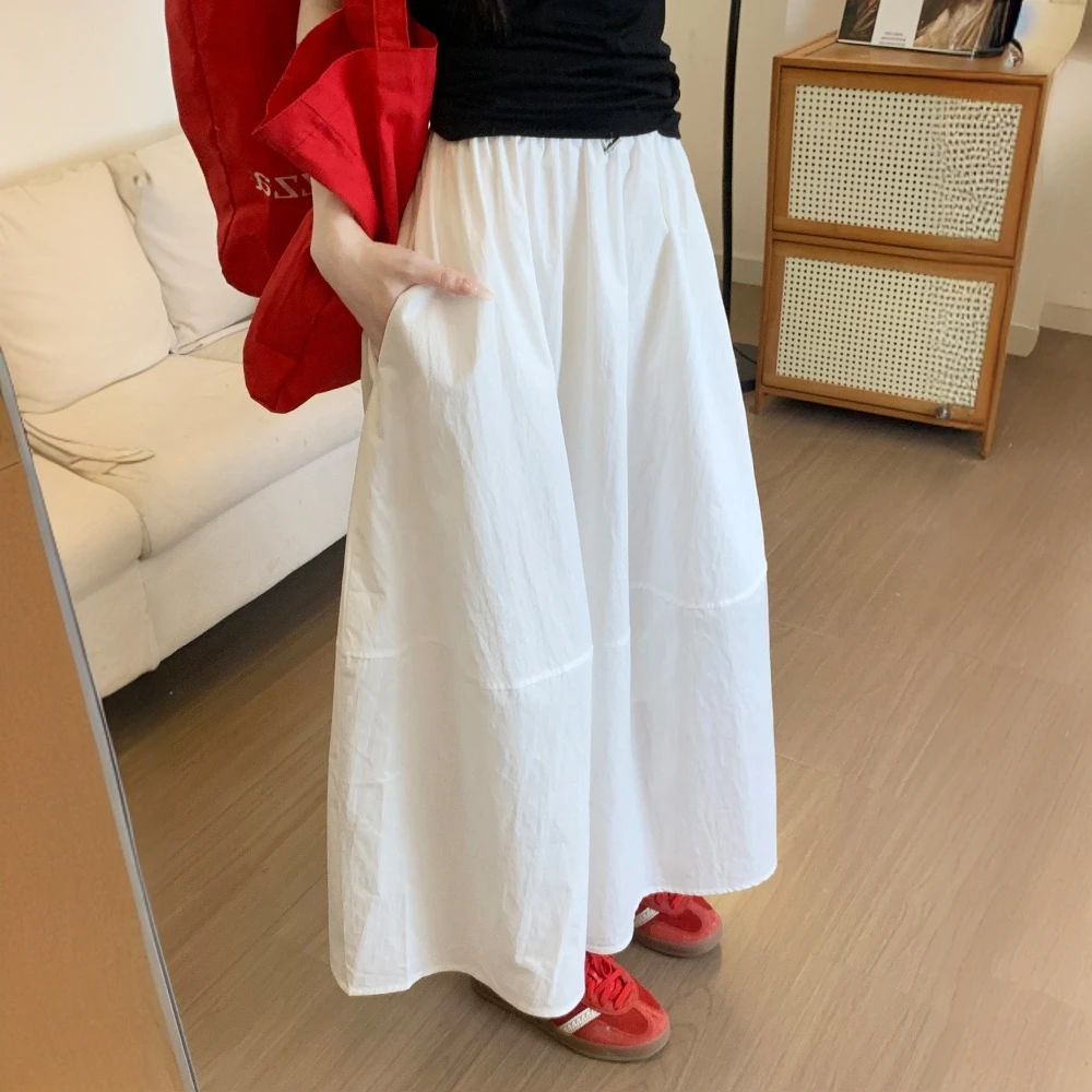 白色半身裙女夏季新款高腰抗皱速干伞裙梨形身材松紧腰遮胯大摆裙