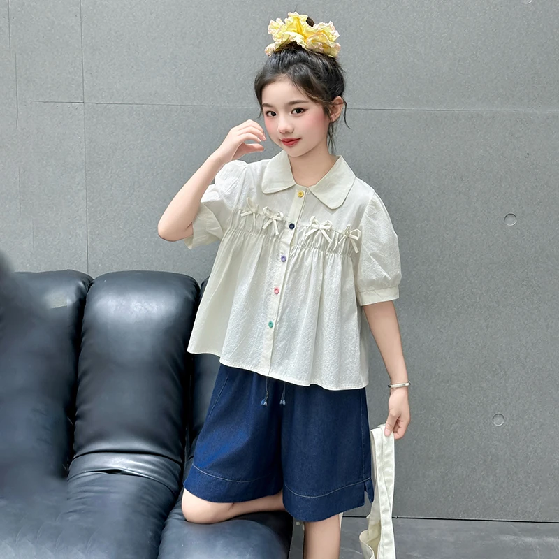 女童套装夏装2025新款洋气儿童短袖衬衫中大童夏季牛仔短裤两件套