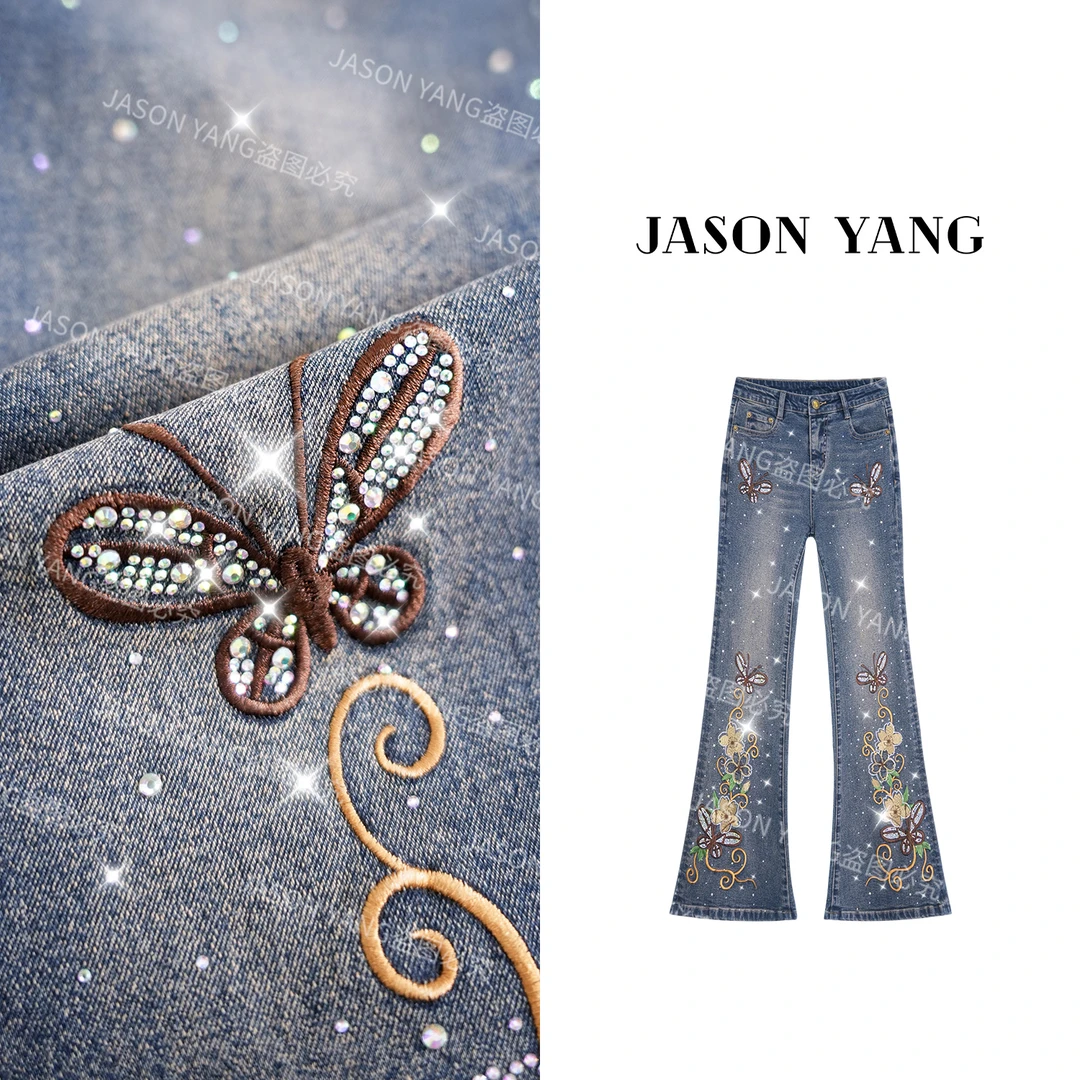 丽丽家 秋季新款【绣蝶追花】重工刺绣百搭微喇牛仔裤A11