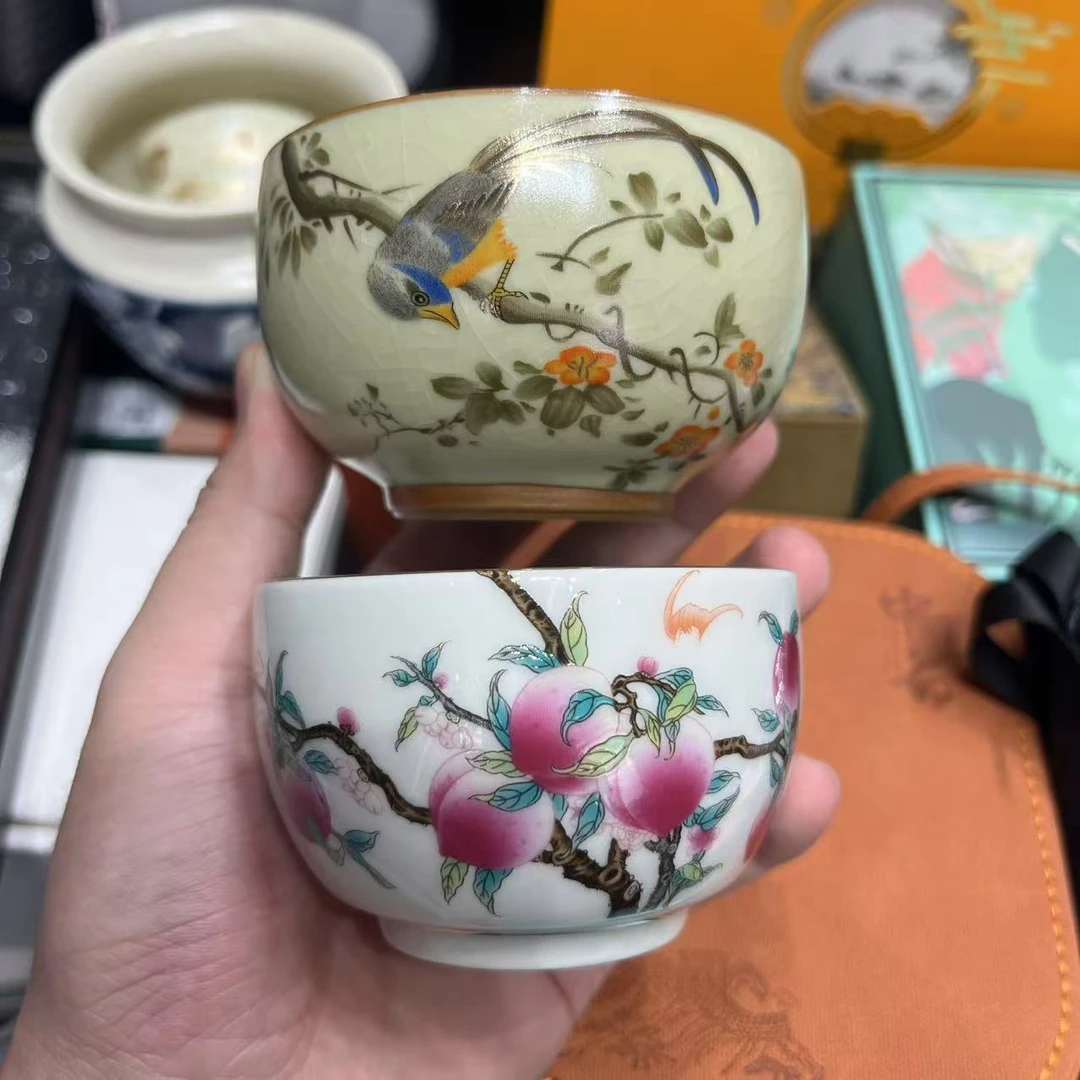 汝窑喜上眉梢罗汉主人杯加九桃五福羊脂玉瓷铜钱主人杯1323+2685