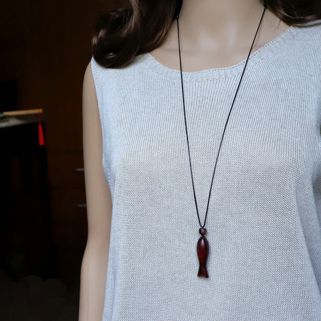 【原木.鱼】长项链百搭木质吊坠文艺休闲木鱼毛衣链挂件民族风配饰