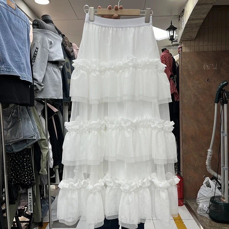 韩版甜美木耳边网纱蛋糕半身裙森系减龄层叠荷叶边蓬蓬长裙仙女裙