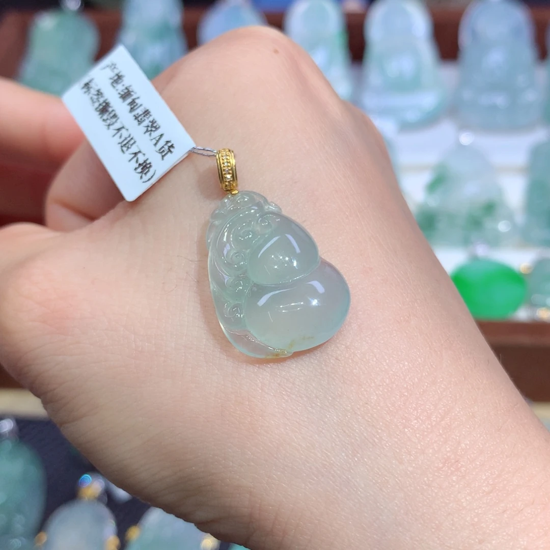 吊坠(不含链)18K金镶嵌翡翠天然缅甸A货翡翠揭阳工葫芦