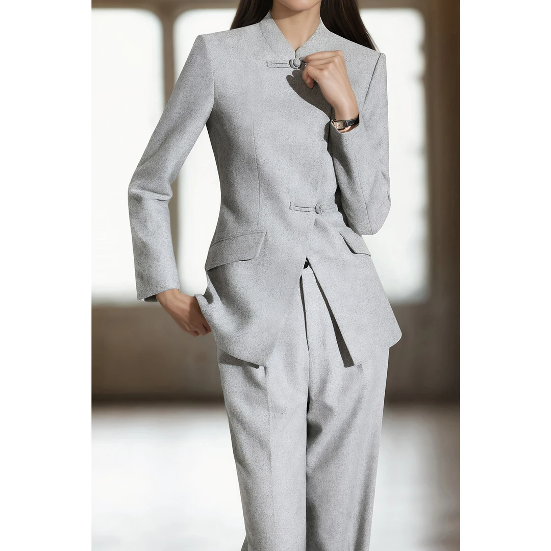 新中式国风盘扣西装套装女2025秋冬加厚新款设计高级灰羊毛阔腿裤