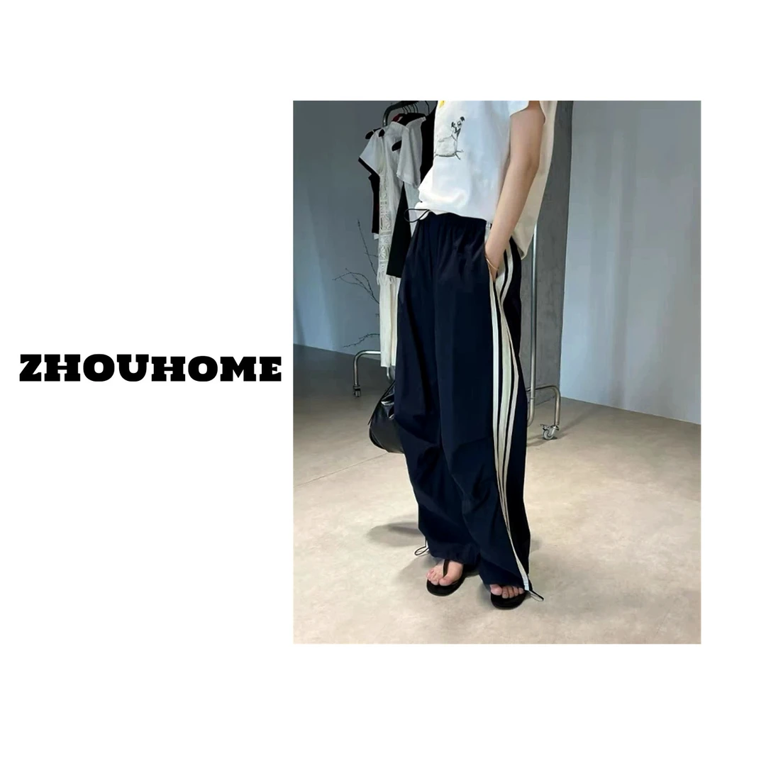 【周周服饰】欧货侧条纹防晒拖地阔腿工装休闲裤女春夏新款