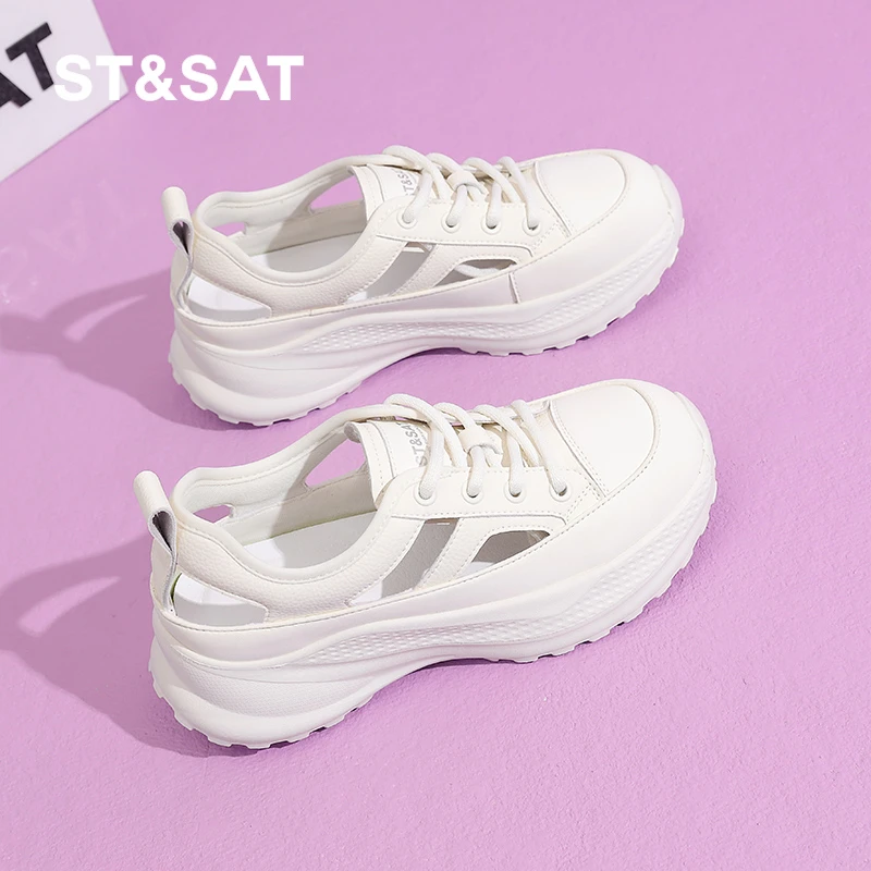 星期六夏季镂空运动休闲鞋女防滑耐磨厚底增高小白鞋新款百搭透气