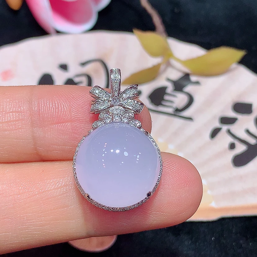 18k金天然A货翡翠冰紫蛋面吊坠经典时尚气质百搭款