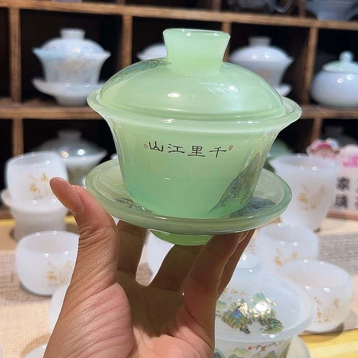 兵***明琉璃手工艺品千里江山盖碗不带礼盒