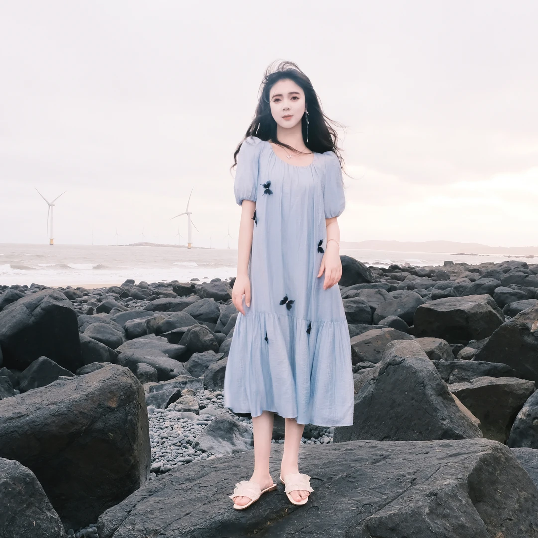 【Cc大码】夏季新款宽松显瘦仙女裙小清新中长款蝴蝶装饰连衣裙