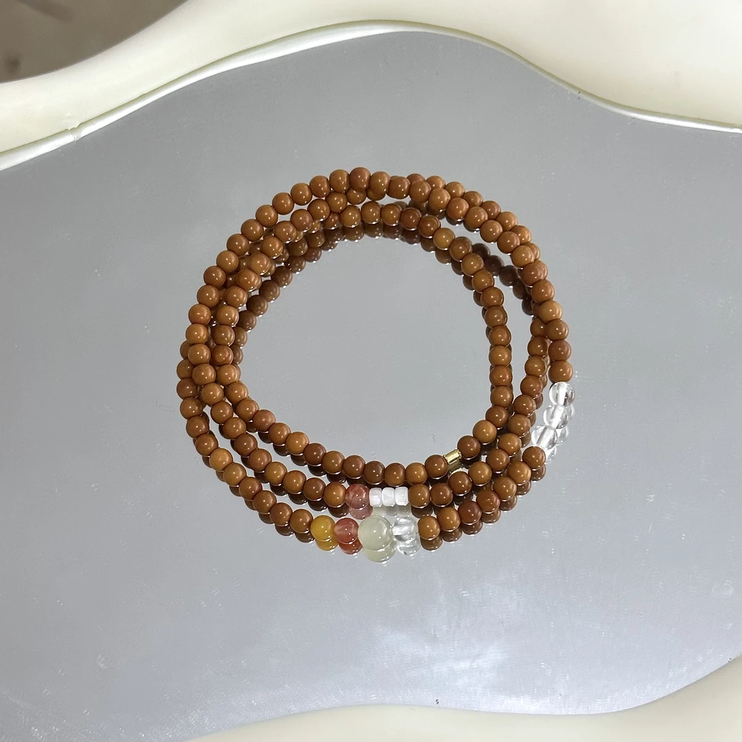 天然橄榄+和田玉白水晶蜜蜡单珠三圈手串 4mm