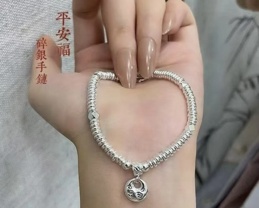 足银手链 足银胖福平安盘缠手链纯银制品首饰银色氛围感小饰品