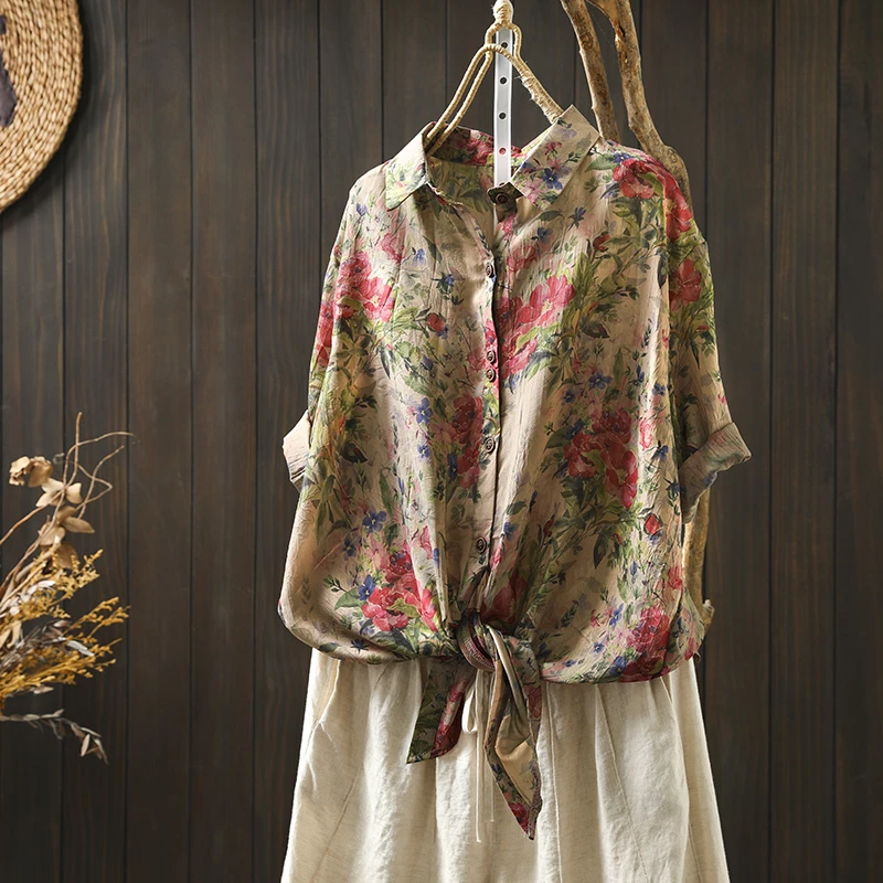 下摆打结丝麻印花衬衫女短袖薄款宽松设计感洋气夏装翻领外搭罩衫