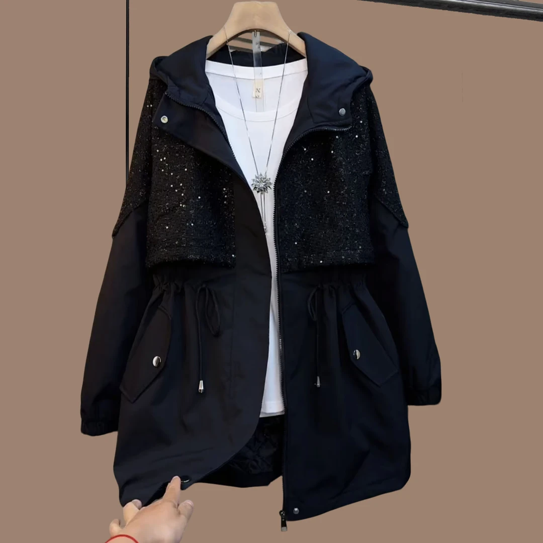秋冬季大码女装胖妹妹黑色连帽亮片抽绳拼接宽松百搭夹棉单外套