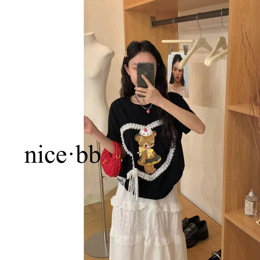 蕾丝爱心小熊韩系ins风短袖T恤