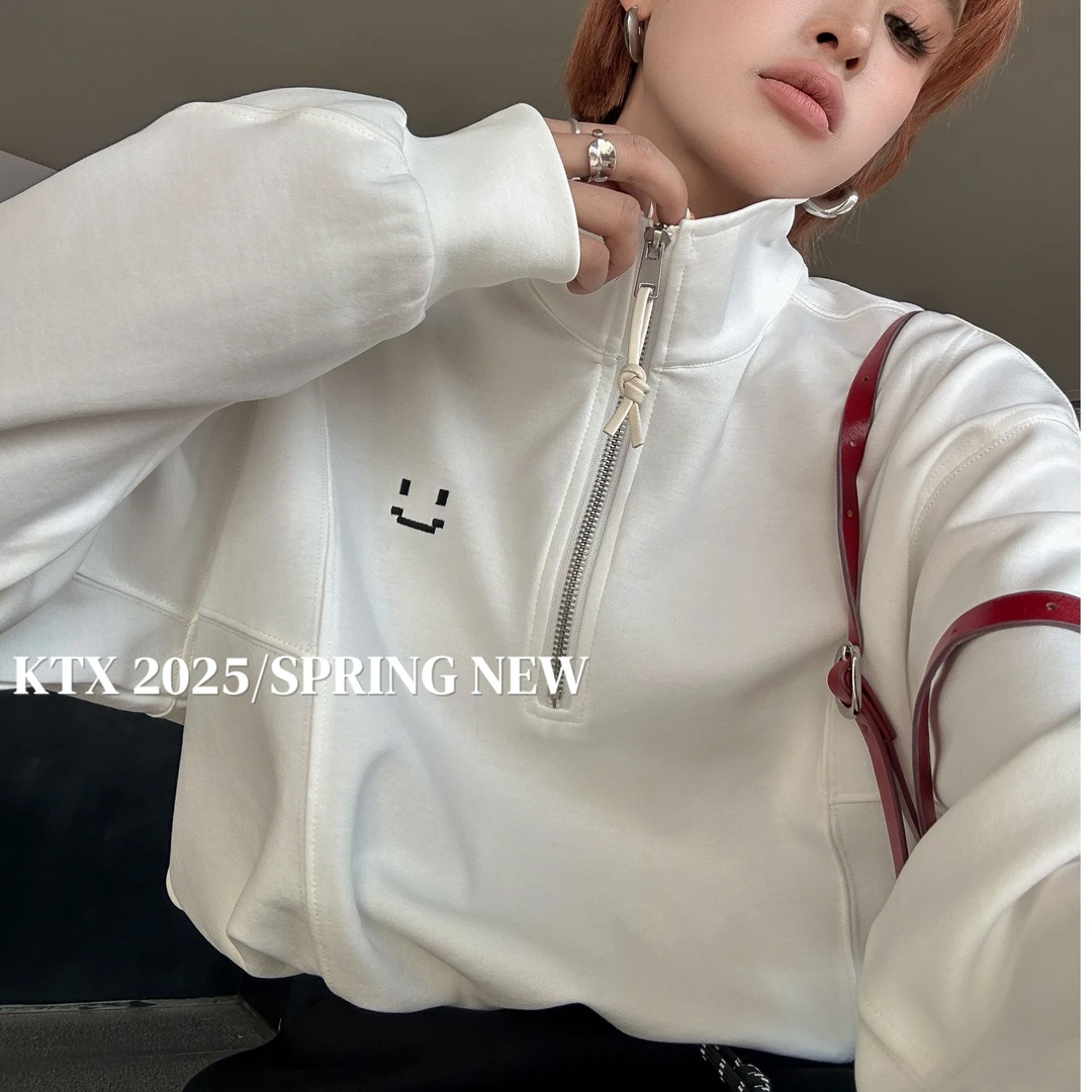 【摩姐姐欧韩】35251春款半拉链下版抽绳笑脸刺绣短款卫衣