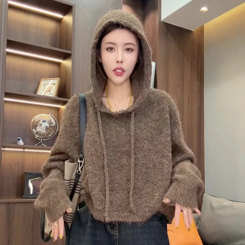 韩系纯色短款连帽抽绳套头毛衣2025秋冬新款宽松百搭针织衫上衣女