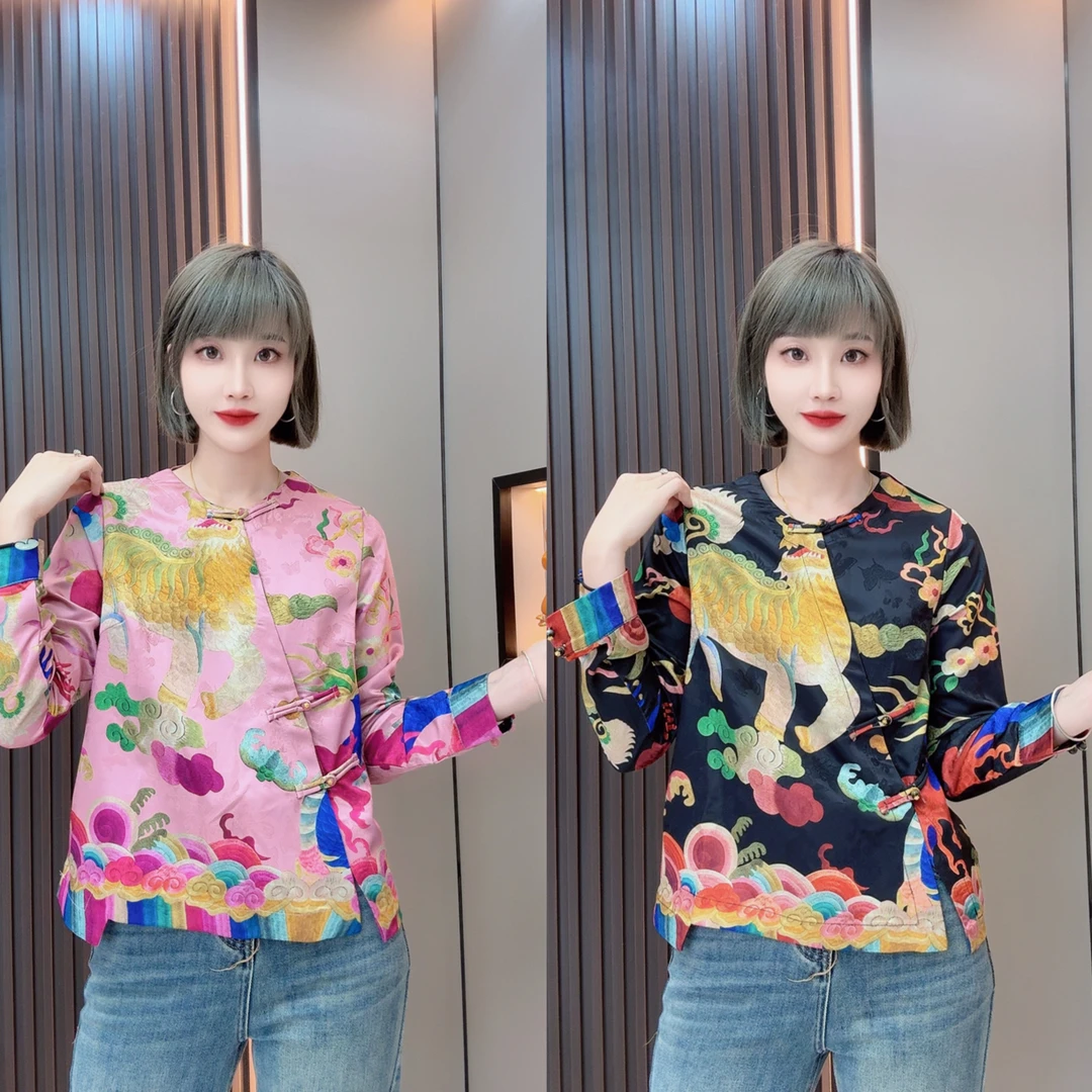 敏宝儿➕6230新中式醋酸长袖圆领系扣女士秋季国风衫