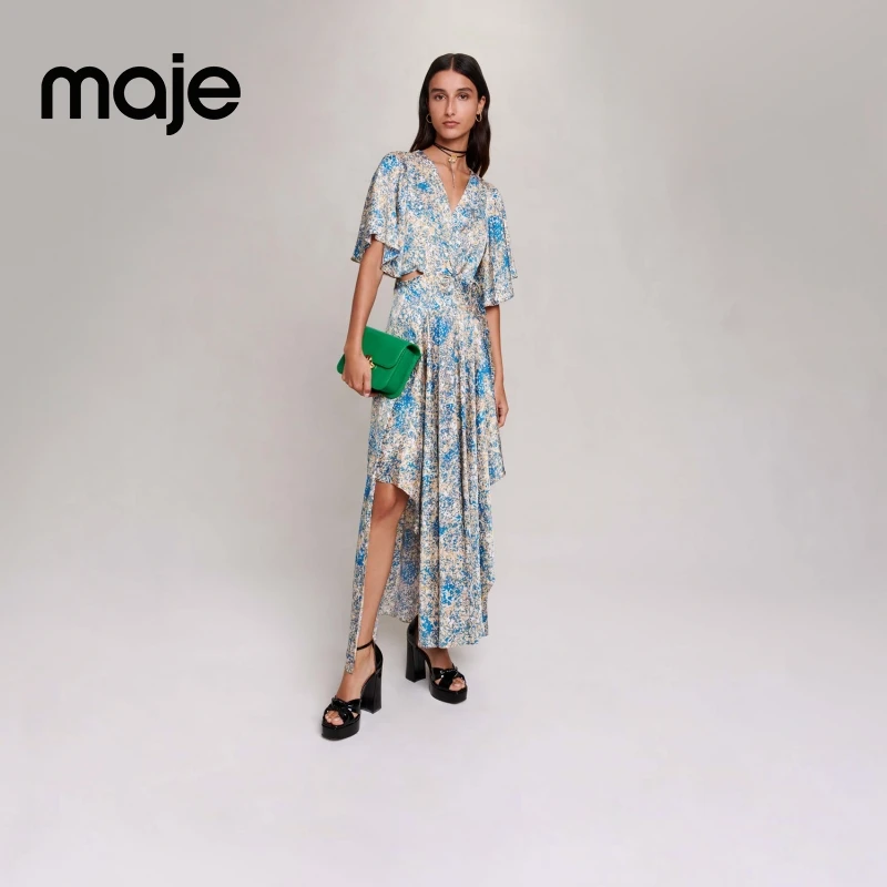 氛围感穿搭|Maje春夏时尚印花不规则裙摆度假风连衣裙MFPRO03312