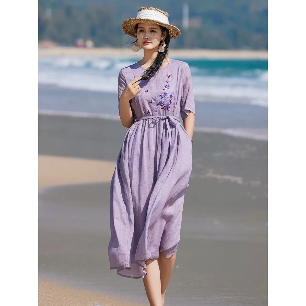 时尚紫色苎麻连衣裙2025新款女夏季收腰显瘦棉麻气质碎花裙子薄款