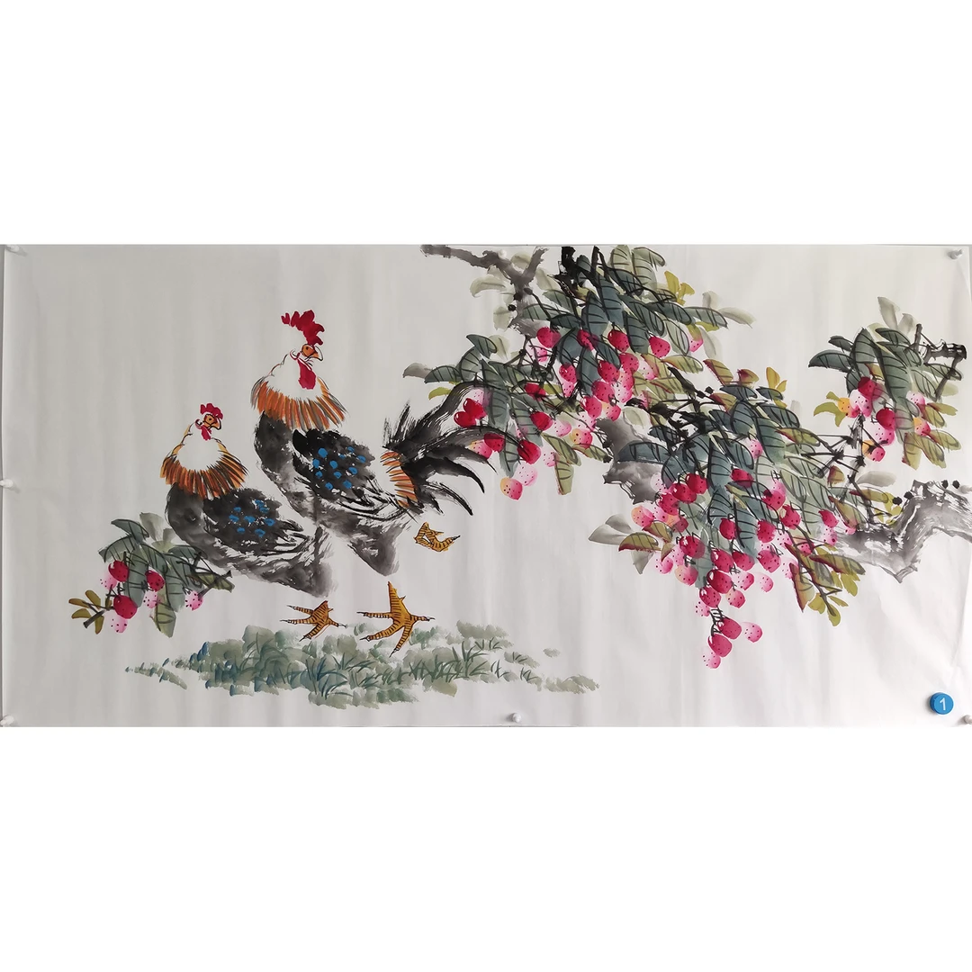 纯手绘国画写意花鸟四尺138X69cm宣纸无题款柿子葫芦石榴荔枝雄鸡