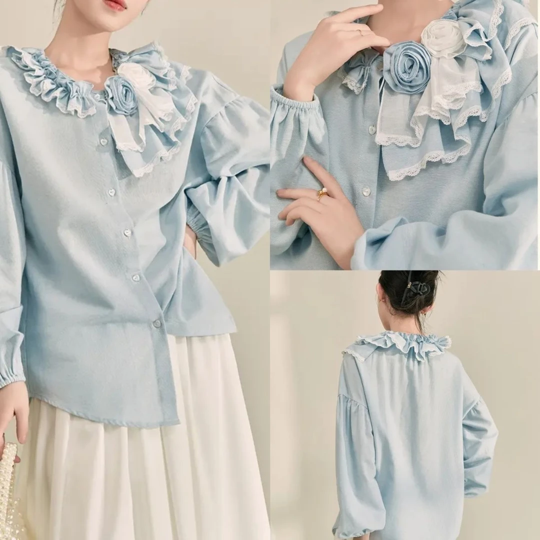 秋冬新款气质女装洋气名媛法式慵懒风长袖蓝色棉麻衬衫叠穿上衣潮