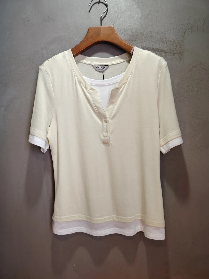 麦寻修身型短袖抽褶拼接V领千金风T恤气质圆领休闲