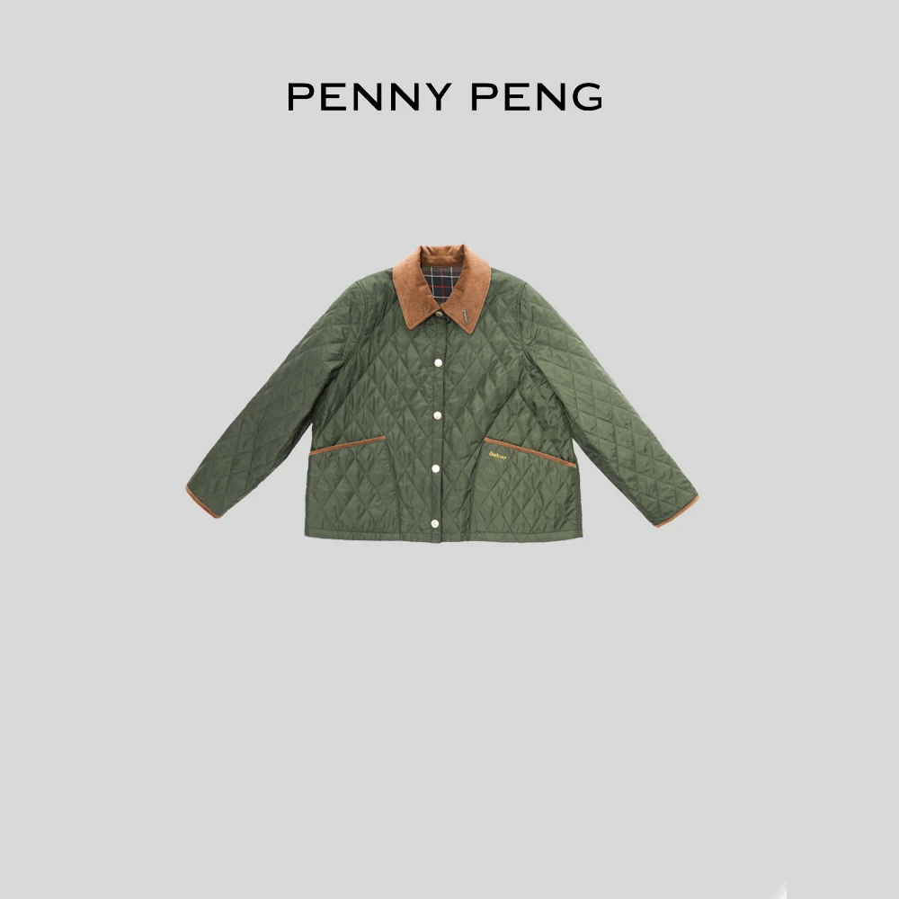 PENNYPENG自由着陆春游出行休闲宽松潮流绿色翻领菱格棉服外套