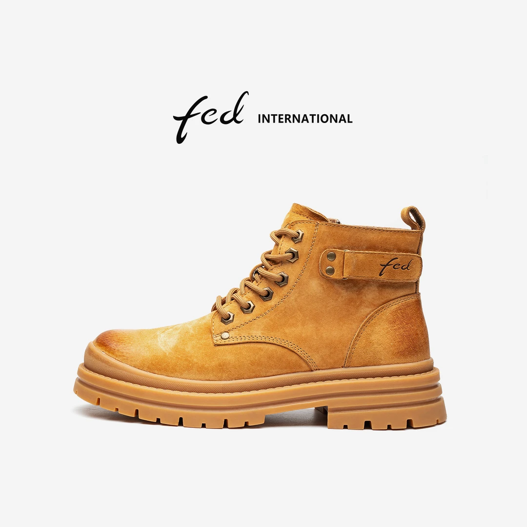FED秋冬真皮马丁靴男款2025新款英伦大黄靴户外工装鞋高帮雪地靴